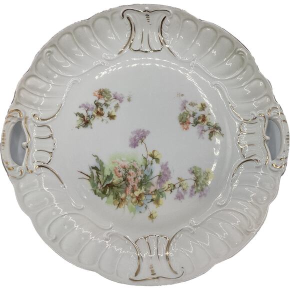 Vintage Floral White/Gold 10" Serving Plate w/Pierced Handles Textured Rim - Picture 2 of 13